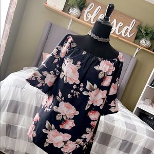 Navy Blue Flower Blouse | Loose Fit Off The Shoulder |